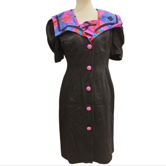 Melissa Dresses & Skirts - 80s Black and Pink Puff sleeve Sailor collar dress by Melissa sz 10 USA